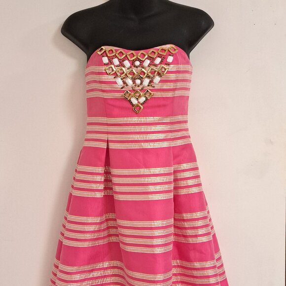Lilly Pulitzer Size 0 Sami-Ryan Dress Pink Metallic Stripe Strapless - Picture 2 of 11